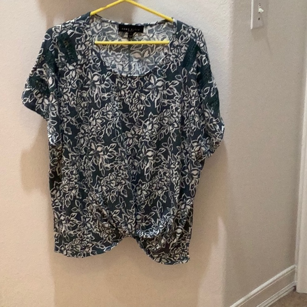 Green and White Shirt with Decorative Lace at Shoulder